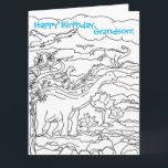 Colouring Book Dinosaurs Happy Birthday Grandson Card<br><div class="desc">A nice large Happy Birthday Grandson greeting card that she can colour featuring dinosaurs on rugged mountains drawn with black and white line art. On the inside are more mountains and a ladybug on the back to colour. You can customize the text message and colour to fit your needs. Make...</div>
