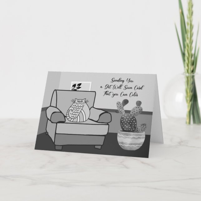 Colouring Card for a Sick Child Cute Cat in Room (Front)