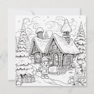 Colouring Christmas Card Kids Elf Village Snow 