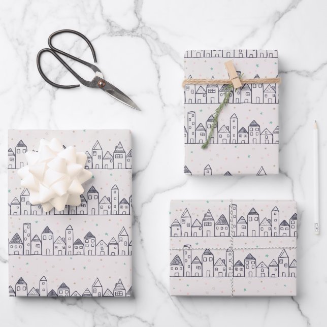 Colouring Page Christmas Village in the Snow Wrapping Paper Sheet (Front)