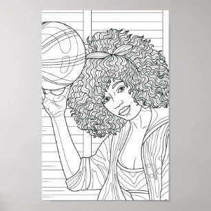 Colouring Page Girl with Basketball Poster