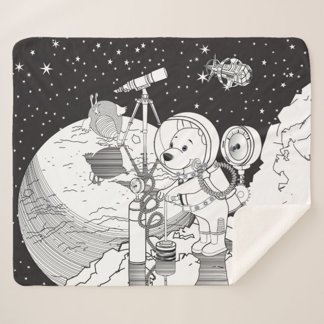 Colouring space with an astronaut puppy sherpa blanket (Front (Horizontal))