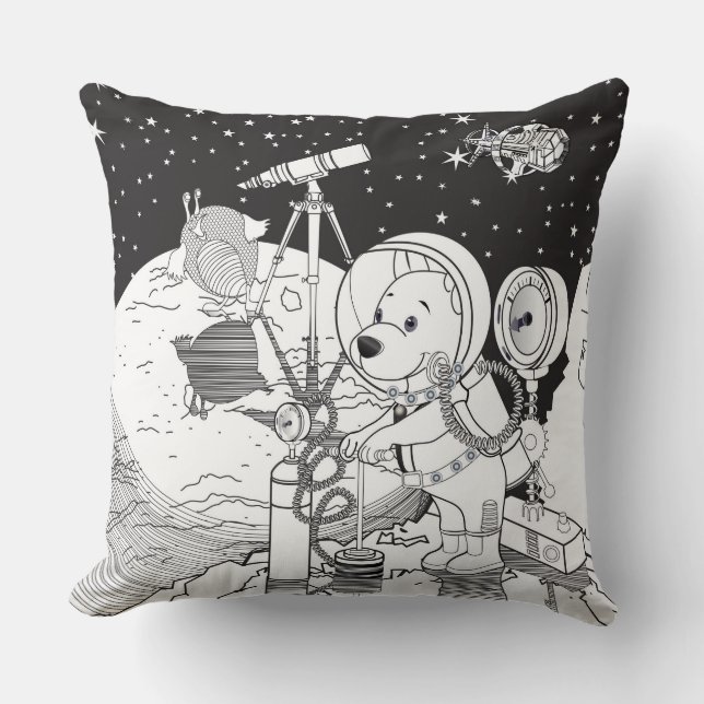 Colouring space with an astronaut puppy throw pillow (Front)