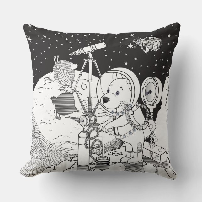 Colouring space with an astronaut puppy throw pillow (Front)