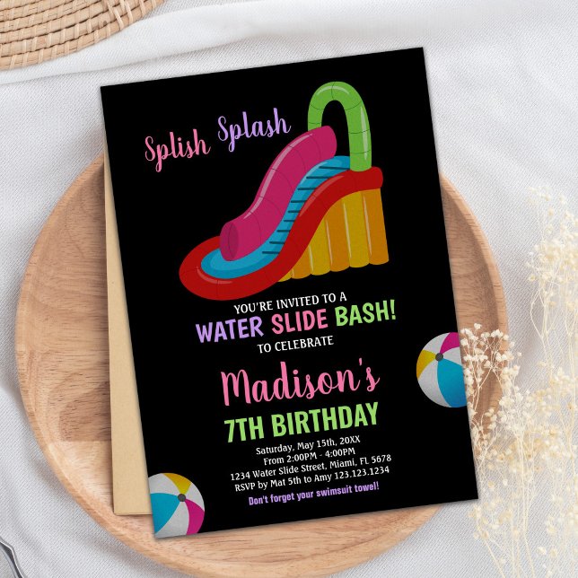 Colours Black Pink Water Slide Birthday Invitation (Colors Black Pink Water Slide Birthday Invitations)