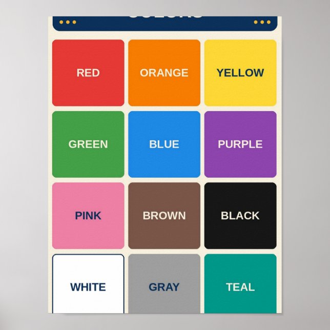 Colours Learning Chart for Classroom or Playroom (Front)