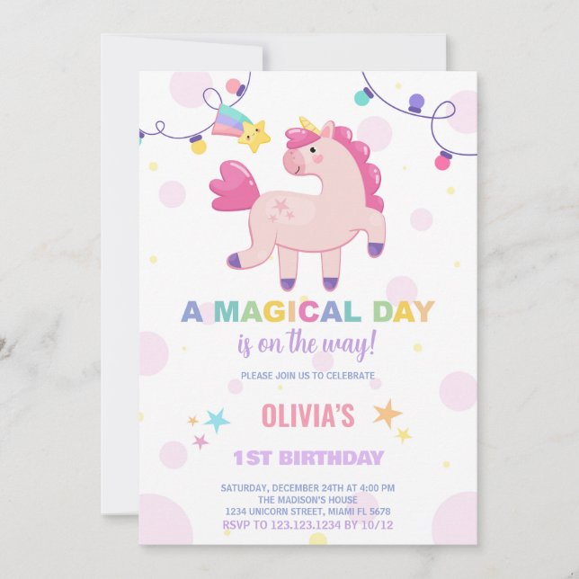 Colours Lights Unicorn Birthday Invitations (Front)