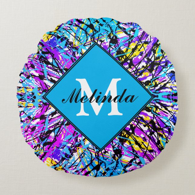 Colours of Life Vivid Abstract Art Monogram Initia Round Pillow (Front)
