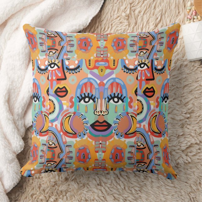 Colours, Patterns, and Overlapping Faces Throw Pillow (Blanket)