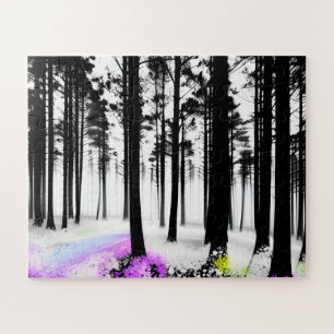 Colours Seep into Black and White Silhouette Fores Jigsaw Puzzle