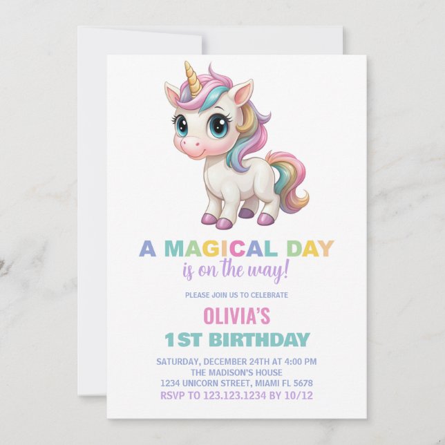 Colours Unicorn Birthday Invitations (Front)