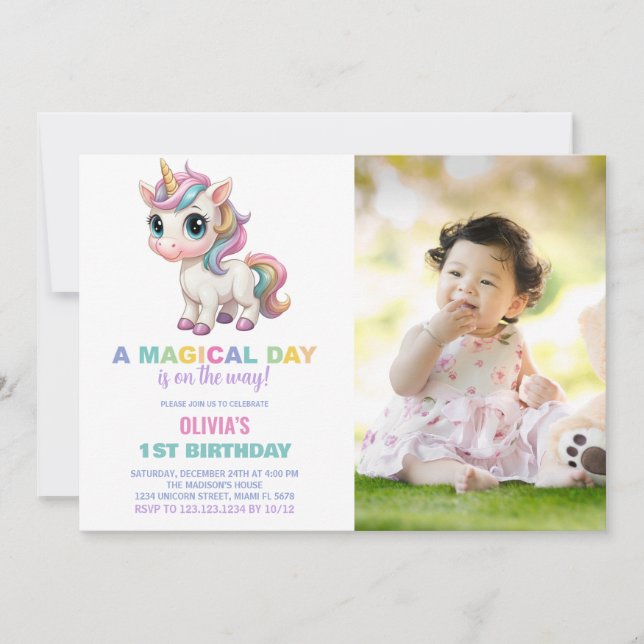 Colours Unicorn Birthday Invitations with photo (Front)
