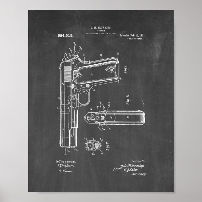 Colt 1911 Gun Patent - Chalkboard Poster (Front)