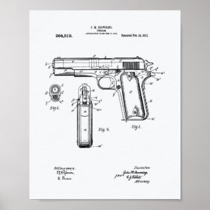 Colt .45 1911 Patent Art - White Paper Poster