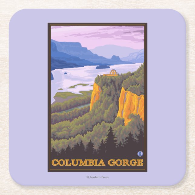 Columbia River Gorge Scene with Crown Point Square Paper Coaster (Front)