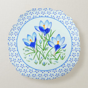 Columbine and Blue Crocuses Round Pillow