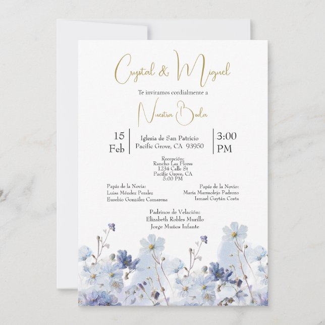 Columbine flower wedding invitation in Spanish  (Front)