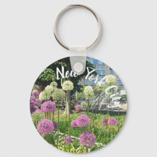 Columbus Circle NYC Allium Fountain Flowers Photo Keychain