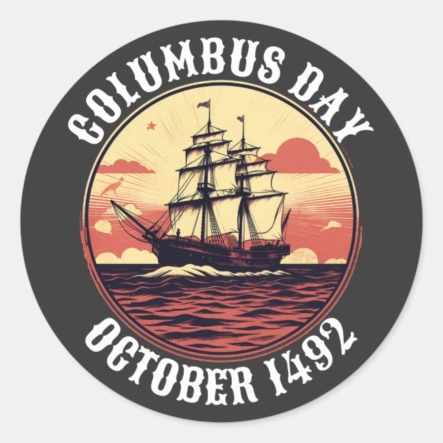 Columbus Day Sailing Boat Vintage Sunset Classic Round Sticker (Front)