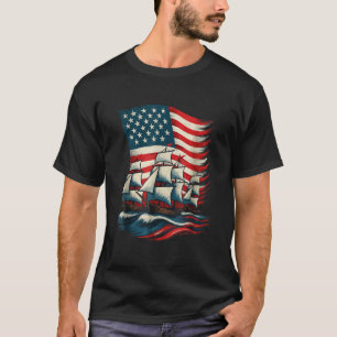 Columbus Day Sailing Ship American Flag Patriotic  T-Shirt