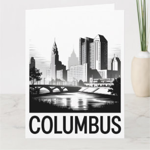 Columbus Ohio Skyline Black White Woodcut Card