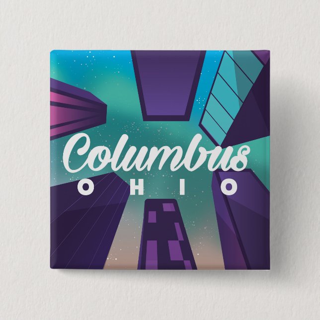 Columbus Ohio skyscraper travel poster print. 2 Inch Square Button (Front)