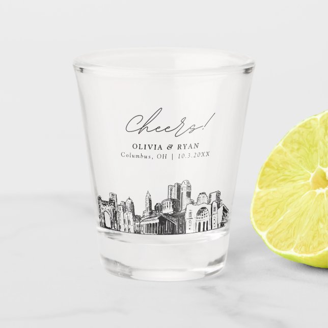 Columbus Wedding Favour Personalized Cheers Shot Glass (Front)