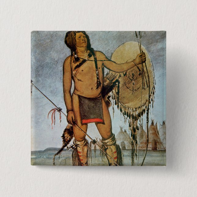Comanche warrior with a shield, lance and bow and 2 inch square button (Front)
