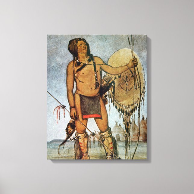 Comanche warrior with a shield, lance and bow and canvas print (Front)