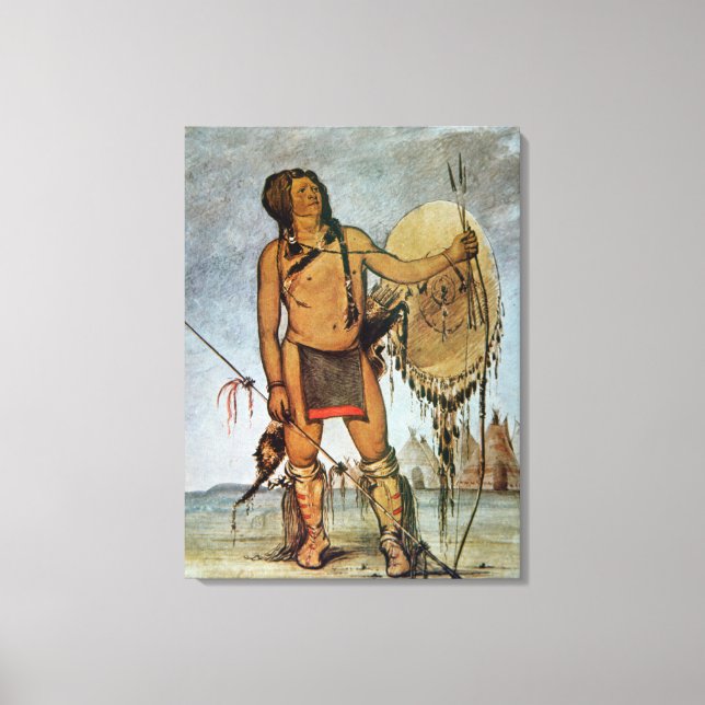 Comanche warrior with a shield, lance and bow and canvas print (Front)