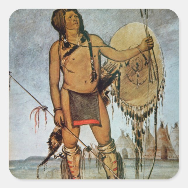 Comanche warrior with a shield, lance and bow and square sticker (Front)
