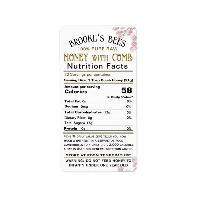 Comb Honey Nutrition Facts Infant Warning Hex Jar Label (Front)