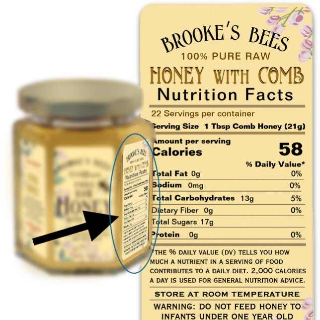 Comb Honey Nutrition Facts Infant Warning Hex Jar Label (Creator Uploaded)