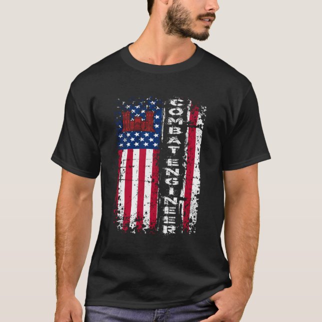Combat Engineer Distressed American Flag U S Milit T-Shirt (Front)