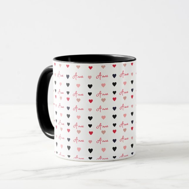 Combo Mug repeating aligned hearts and custom name (Front Left)
