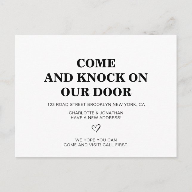 Come and Knock Our Door Black Simple New Address  Announcement Postcard (Front)