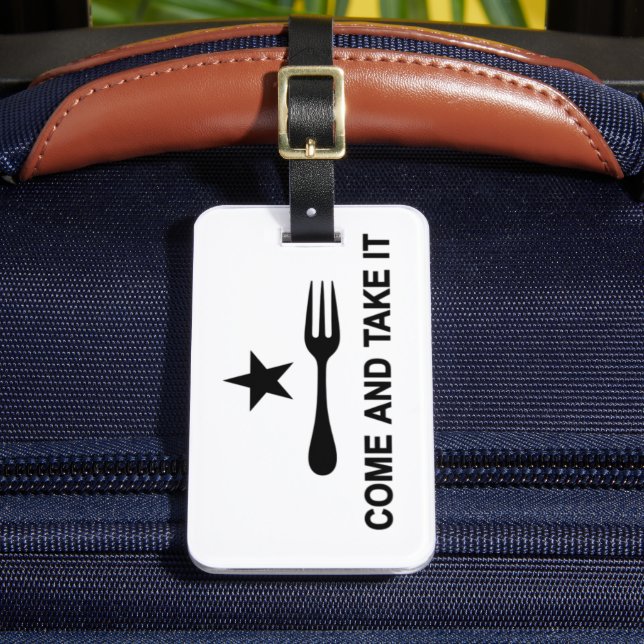 Come and Take It Fork Luggage Tag (Front Insitu 2)