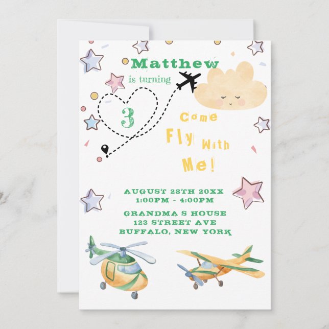 Come Fly With Me Airplanes Boy Birthday Party  Ann Announcement (Front)