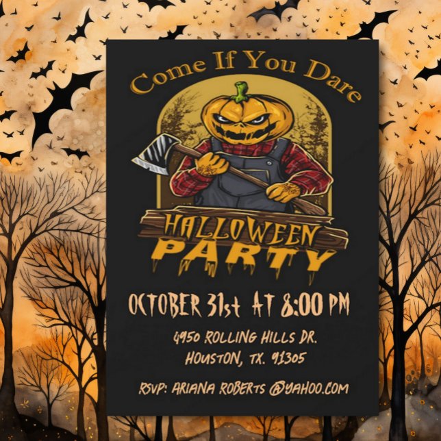Come If You Dare Evil Pumpkin Halloween Party Invitation (Creator Uploaded)