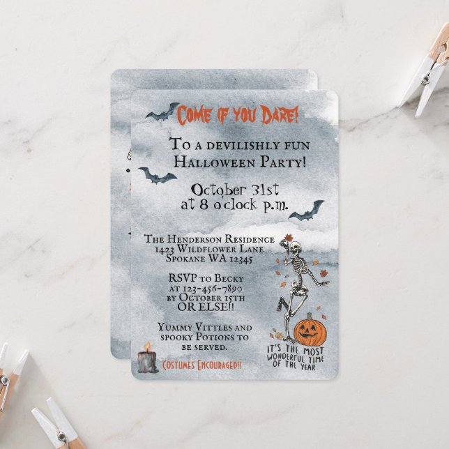 Come If You Dare Skeletons Halloween Party Invitation (Front/Back In Situ)