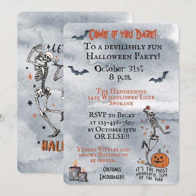 Come If You Dare Skeletons Halloween Party   Invitation (Front/Back)