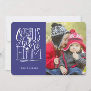 Come Let us Adore Him Family Photo Blue Holiday Card