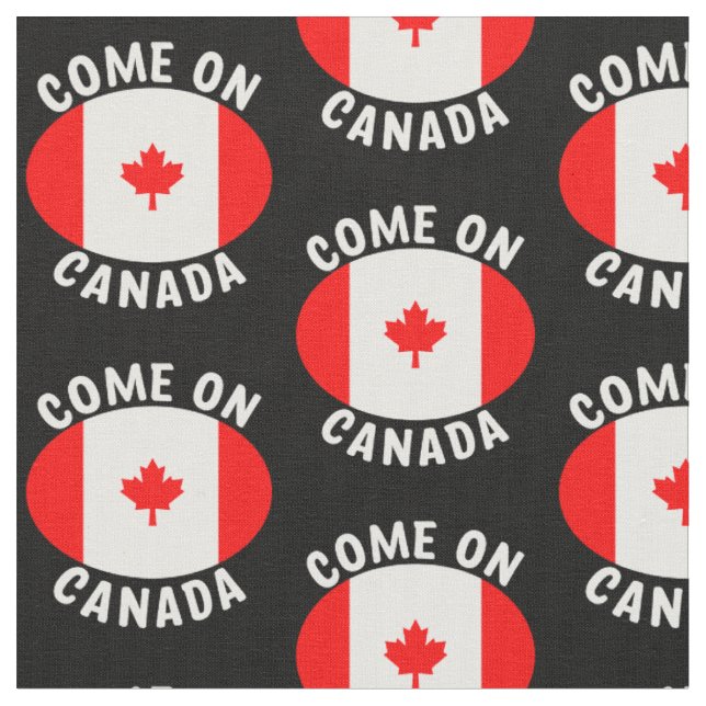 Come On Canada Red White Maple Flag on Black  Fabric (Close Up)