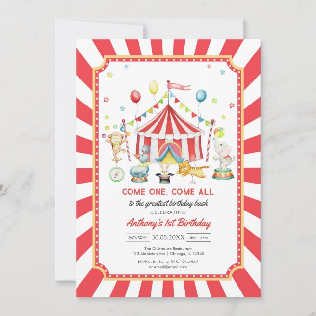 Come One Come All Circus Boy Birthday Invitation (Devant)
