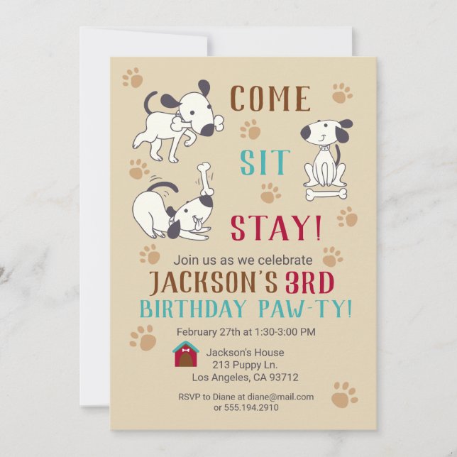 Come, Sit, Stay - Boys Dog Birthday Party Invite (Front)