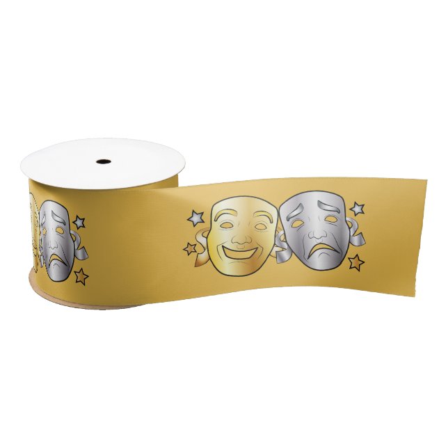 Comedy and Tragedy Drama Masks Gold Silver 3 In. Satin Ribbon (Spool)