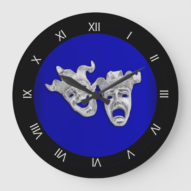 Comedy and Tragedy Theater Masks Cobalt Large Clock (Front)