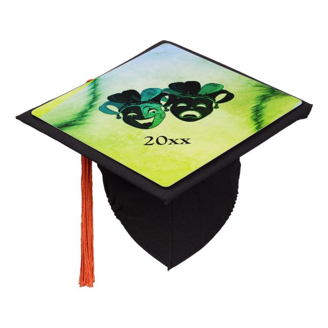  Comedy and Tragedy Theatre Design Green Graduation Cap Topper (Angled)