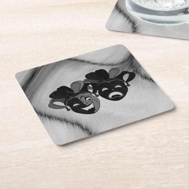 Comedy and Tragedy Theatre Jester Masks Silver Square Paper Coaster (Angled)
