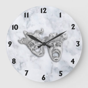 Comedy and Tragedy Theatre Masks White Marble Large Clock